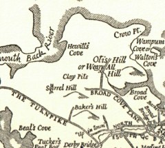Detail from D.A. Dwiggins' map of Hingham, "The Old Place Names," 1935