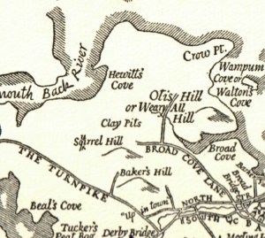 Detail from D.A. Dwiggins' map of Hingham, "The Old Place Names," 1935