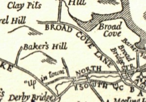 Detail from a map of historical names and places in Hingham.  ("Barker Shipyard" belonged to the sisters' uncle, Francis Barker.)