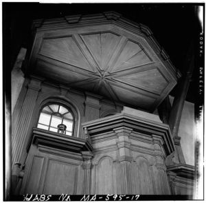 Pulpit in Old Ship Church (1941 photograph from Branzetti, Historic American Buildings Survey)