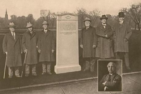 Oneida Football Club members at the dedication of the monument on Boston Common.  Lincoln's classmate, Gerrit S. Miller is immediately to the right of the monument. 