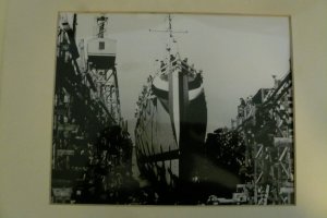 Launch of a destroyer Escort, Bethlehem-Hingham Shiphard, 1944 or 1945. (Hingham Historical Society)
