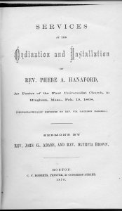 Ordination of the Rev. Phebe A. Hanaford.  Collection of the Hingham Historical Society. 